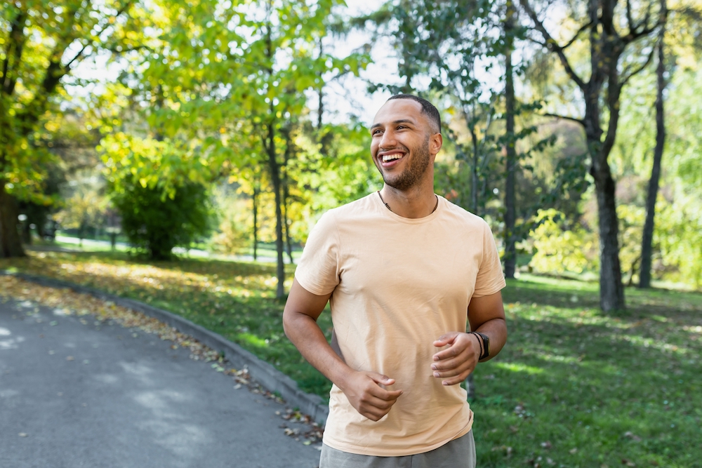 A man walks in a park