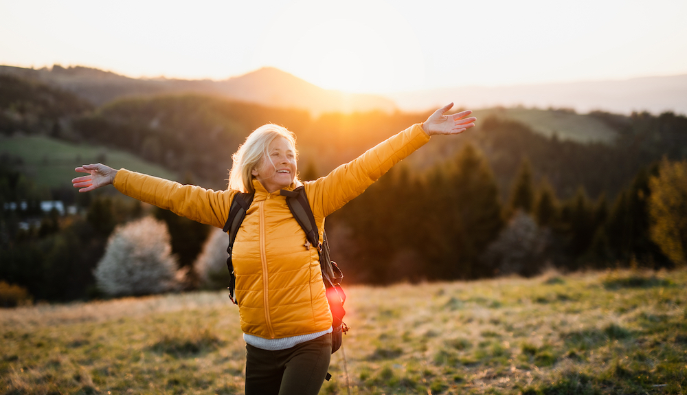 A woman goes hiking.